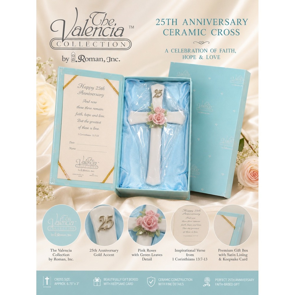 Roman Inc‎ Valencia Collection 25th Anniversary Porcelain Wall Cross 45058 Rose